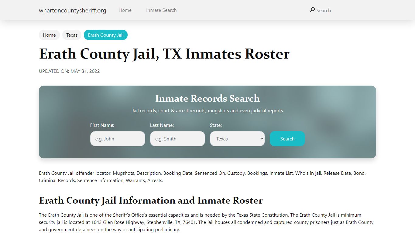 Erath County Jail, TX Jail Roster, Name Search