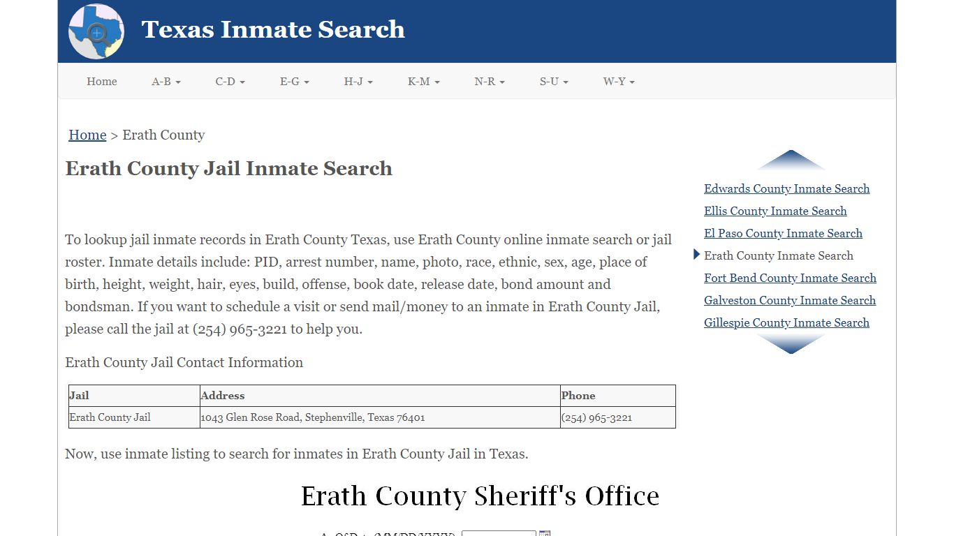 Erath County TX Jail Inmate Search